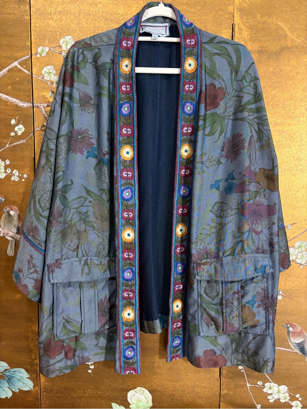 Johnny Was Embroidered floral print cardigan. Boho, casual, light weight, luxury